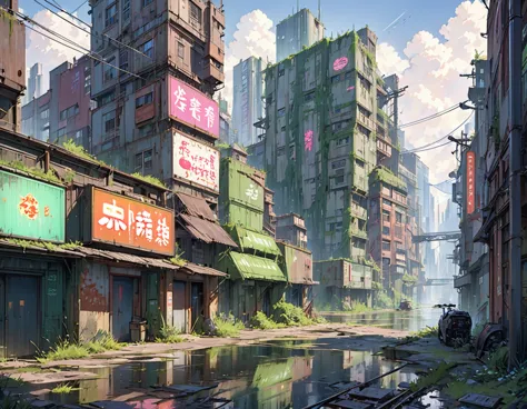 (masterpiece, best quality:1.2), near-future cities, scenes from science fiction movies, acid rain, neon signs, buildings, aband...