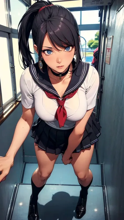 (((highest quality, High resolution, , Pixel Perfect, 4K))),((Correct Anatomy))、((Sailor suit))、(((School stairs))), ((背後からLow -...