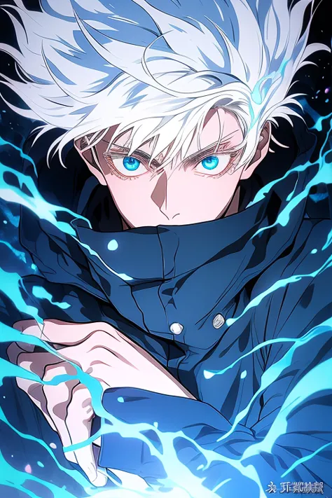 gojou satoru, 1boy, full body, white hair,  blue eyes, looking at viewer,
high collar, hair between eyes, black jacket,