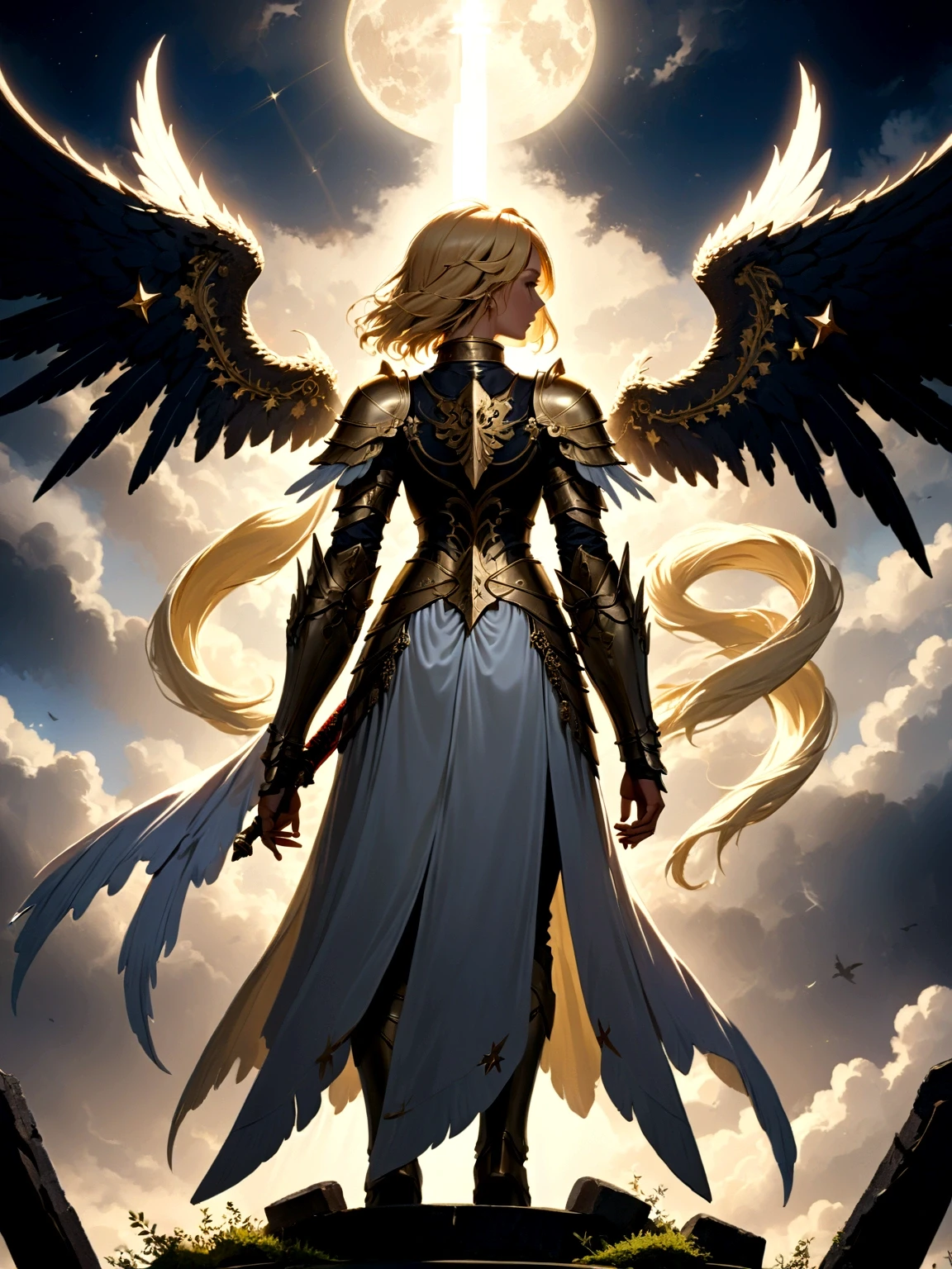 a model shot (taken from the back: 1.5), 16K, ultra detailed, masterpiece, best quality, (extremely detailed), arafed, dnd art, portrait, full body, aasimar, female, (Masterpiece 1.3, intense details), female, paladin, holy warrior, spread large feathered wings, (wings growing from the back: 1.3), majestic wings, white angelic wings spread (Masterpiece, intense details: 1.5), moon light, moon, stars, clouds, holy symbol, armed with sword, short blond hair, dark fantasy cemetery background, anatomically correct (Masterpiece 1.3, intense details), angel_wings, determined face, god rays, cinematic lighting, glowing light, silhouette, from outside, photorealism, panoramic view (Masterpiece 1.3, intense details) , Wide-Angle, Ultra-Wide Angle, 16k, highres, best quality, high details, armored dress
