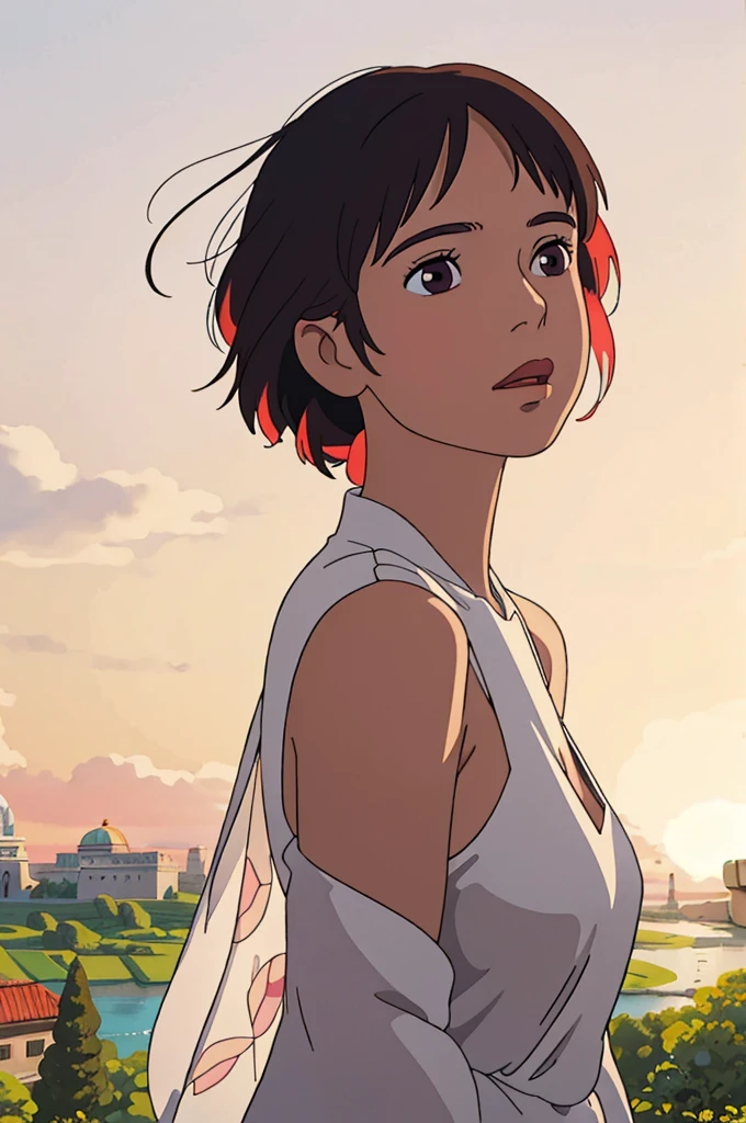 A woman in a white dress poses for a photo, Beautiful Latin face, Ghibli style, ((masterpiece)),((best quality)),(detailed),illustration,8K,rich and colorful, High contrast