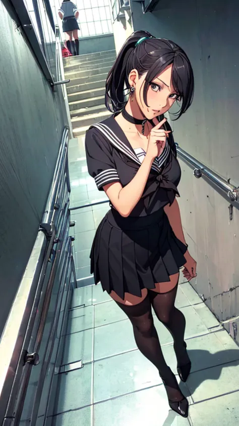 (((highest quality, High resolution, , Pixel Perfect, 4K))),((Correct Anatomy))、((Sailor suit))、(((School stairs))), ((背後からLow -...