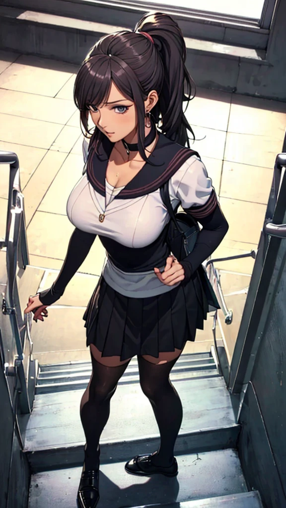 (((highest quality, High resolution, , Pixel Perfect, 4K))),((Correct Anatomy))、((Sailor suit))、(((School stairs))), ((From behindLow - Angle)),((highest quality)), ((Complex and detailed)), ((Black knee-high socks)), ((Mini Pleated Skirt))、An absurd solution, Mature Woman, Mature Woman, perspective, Very detailed,(((Full Body Shot)))、Great style、(Long Hair)、glamorous、Beautiful legini skirt、black tights、(((The whole body is visible))), One Woman, ((ponytail)), Perfect hands, Detailed fingers, Beautiful details,  Black choker, Earrings, Black Stockings, Perfect Eyes, Seductive eyes,(Low - Angle)