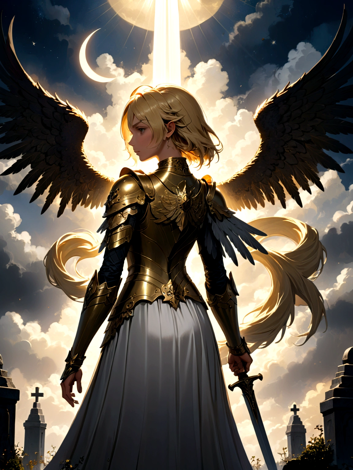 a model shot (taken from the back: 1.5), 16K, ultra detailed, masterpiece, best quality, (extremely detailed), arafed, dnd art, portrait, full body, aasimar, female, (Masterpiece 1.3, intense details), female, paladin, holy warrior, spread large feathered wings, (wings growing from the back: 1.3), majestic wings, white angelic wings spread (Masterpiece, intense details: 1.5), moon light, moon, stars, clouds, holy symbol, armed with sword, short blond hair, dark fantasy cemetery background, anatomically correct (Masterpiece 1.3, intense details), angel_wings, determined face, god rays, cinematic lighting, glowing light, silhouette, from outside, photorealism, panoramic view (Masterpiece 1.3, intense details) , Wide-Angle, Ultra-Wide Angle, 16k, highres, best quality, high details, armored dress
