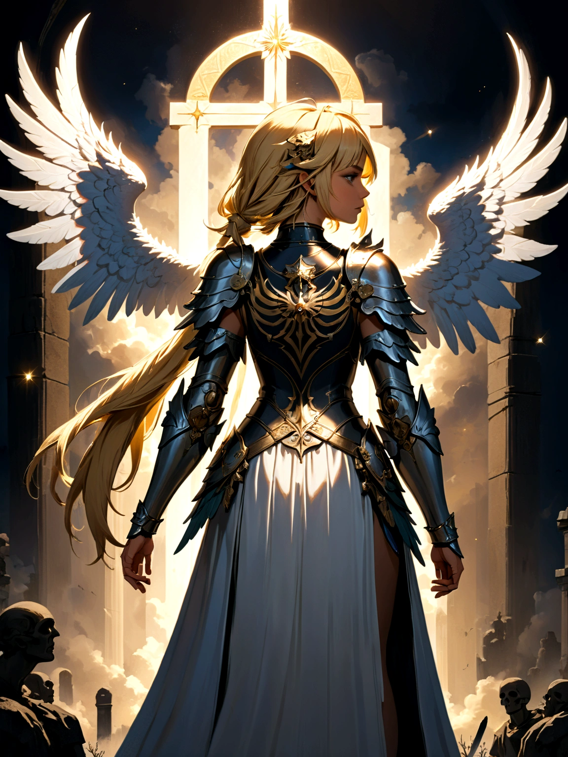 a model shot (taken from the back: 1.5), 16K, ultra detailed, masterpiece, best quality, (extremely detailed), arafed, dnd art, portrait, full body, aasimar, female, (Masterpiece 1.3, intense details), female, paladin, holy warrior, spread large feathered wings, (wings growing from the back: 1.3), majestic wings, white angelic wings spread (Masterpiece, intense details: 1.5), moon light, moon, stars, clouds, holy symbol, armed with sword, short blond hair, dark fantasy cemetery background, anatomically correct (Masterpiece 1.3, intense details), angel_wings, determined face, god rays, cinematic lighting, glowing light, silhouette, from outside, photorealism, panoramic view (Masterpiece 1.3, intense details) , Wide-Angle, Ultra-Wide Angle, 16k, highres, best quality, high details, armored dress
