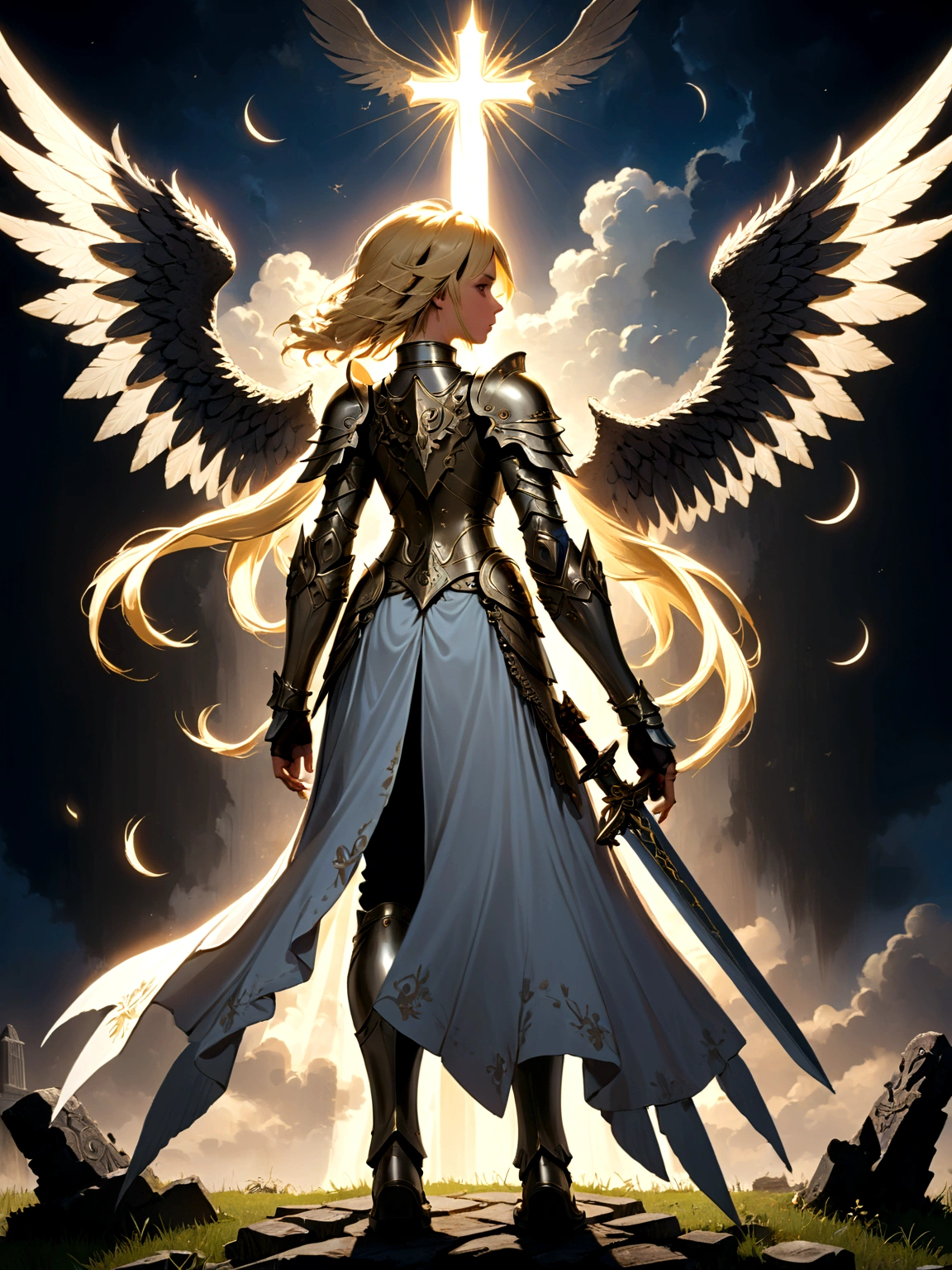 a model shot (taken from the back: 1.5), 16K, ultra detailed, masterpiece, best quality, (extremely detailed), arafed, dnd art, portrait, full body, aasimar, female, (Masterpiece 1.3, intense details), female, paladin, holy warrior, spread large feathered wings, (wings growing from the back: 1.3), majestic wings, white angelic wings spread (Masterpiece, intense details: 1.5), moon light, moon, stars, clouds, holy symbol, armed with sword, short blond hair, dark fantasy cemetery background, anatomically correct (Masterpiece 1.3, intense details), angel_wings, determined face, god rays, cinematic lighting, glowing light, silhouette, from outside, photorealism, panoramic view (Masterpiece 1.3, intense details) , Wide-Angle, Ultra-Wide Angle, 16k, highres, best quality, high details, armored dress
