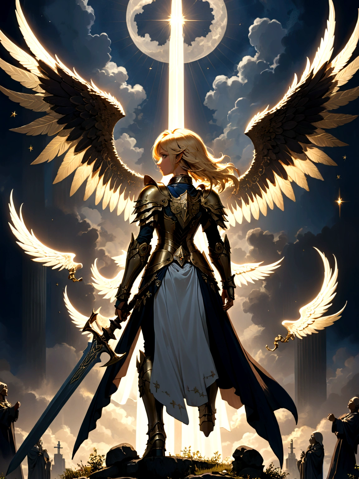 a model shot (taken from the back: 1.5), 16K, ultra detailed, masterpiece, best quality, (extremely detailed), arafed, dnd art, portrait, full body, aasimar, female, (Masterpiece 1.3, intense details), female, paladin, holy warrior, spread large feathered wings, (wings growing from the back: 1.3), majestic wings, white angelic wings spread (Masterpiece, intense details: 1.5), moon light, moon, stars, clouds, holy symbol, armed with sword, short blond hair, dark fantasy cemetery background, anatomically correct (Masterpiece 1.3, intense details), angel_wings, determined face, god rays, cinematic lighting, glowing light, silhouette, from outside, photorealism, panoramic view (Masterpiece 1.3, intense details) , Wide-Angle, Ultra-Wide Angle, 16k, highres, best quality, high details, armored dress
