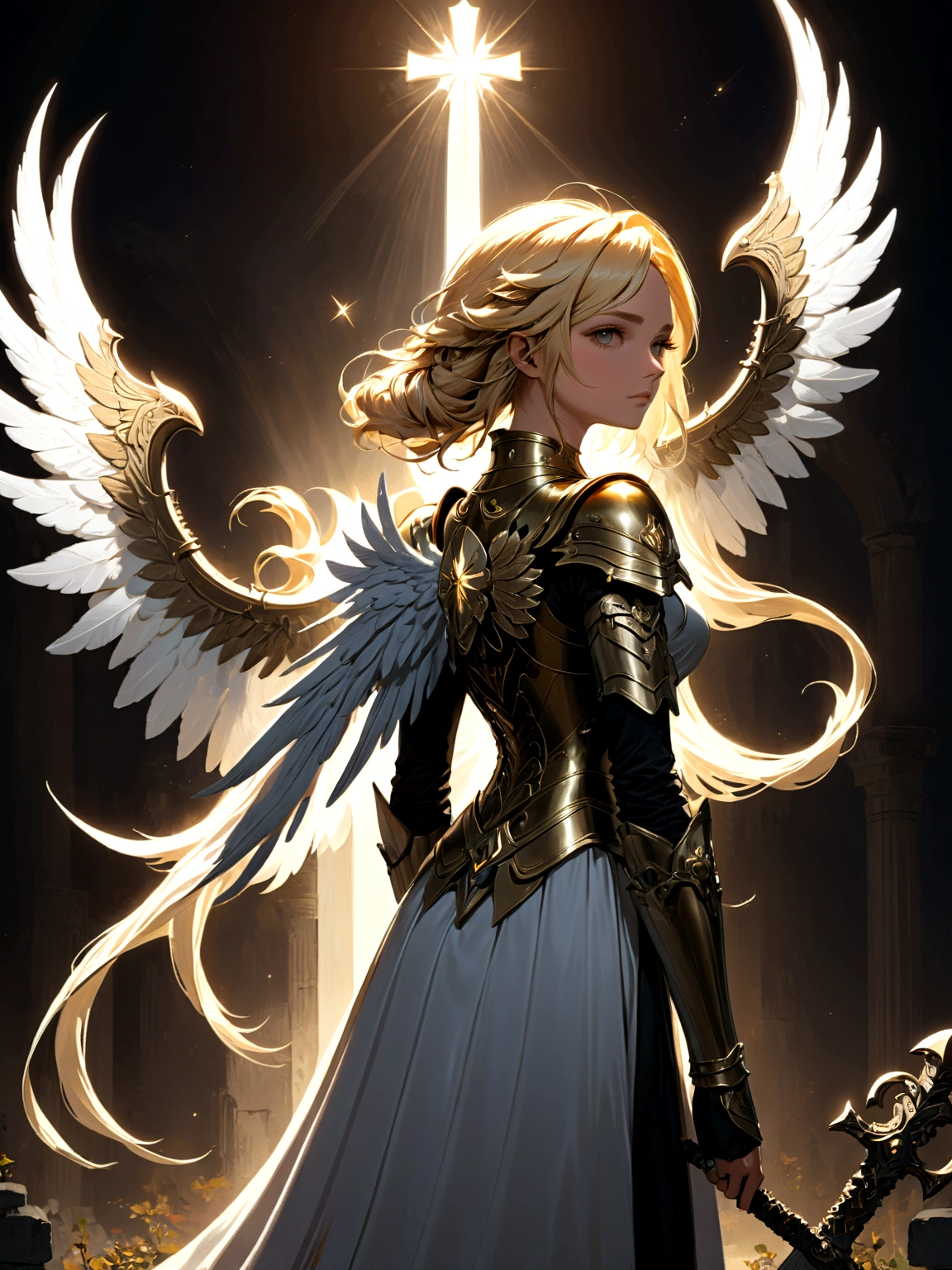 a model shot (taken from the back: 1.5), 16K, ultra detailed, masterpiece, best quality, (extremely detailed), arafed, dnd art, portrait, full body, aasimar, female, (Masterpiece 1.3, intense details), female, paladin, holy warrior, spread large feathered wings, (wings growing from the back: 1.3), majestic wings, white angelic wings spread (Masterpiece, intense details: 1.5), moon light, moon, stars, clouds, holy symbol, armed with sword, short blond hair, dark fantasy cemetery background, anatomically correct (Masterpiece 1.3, intense details), angel_wings, determined face, god rays, cinematic lighting, glowing light, silhouette, from outside, photorealism, panoramic view (Masterpiece 1.3, intense details) , Wide-Angle, Ultra-Wide Angle, 16k, highres, best quality, high details, armored dress, AngelStyle,
