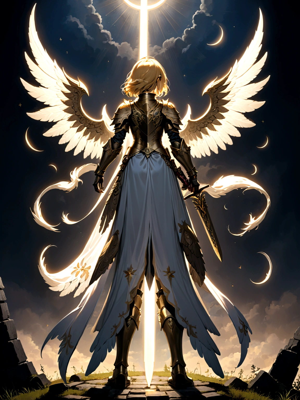 a model shot (taken from the back: 1.5), 16K, ultra detailed, masterpiece, best quality, (extremely detailed), arafed, dnd art, portrait, full body, aasimar, female, (Masterpiece 1.3, intense details), female, paladin, holy warrior, spread large feathered wings, (wings growing from the back: 1.3), majestic wings, white angelic wings spread (Masterpiece, intense details: 1.5), moon light, moon, stars, clouds, holy symbol, armed with sword, short blond hair, dark fantasy cemetery background, anatomically correct (Masterpiece 1.3, intense details), angel_wings, determined face, god rays, cinematic lighting, glowing light, silhouette, from outside, photorealism, panoramic view (Masterpiece 1.3, intense details) , Wide-Angle, Ultra-Wide Angle, 16k, highres, best quality, high details, armored dress, AngelStyle,
