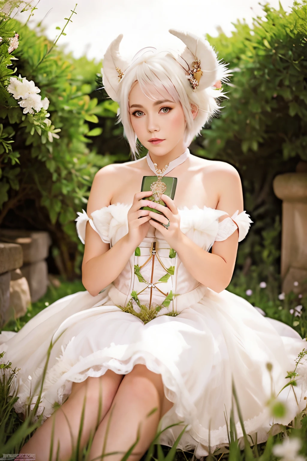 female with light brown curved horns and white sheep ears, pink eyes, short white hair above her shoulders, wearing a princess dress, sitting holding a green field, holding a glowing key in her hand