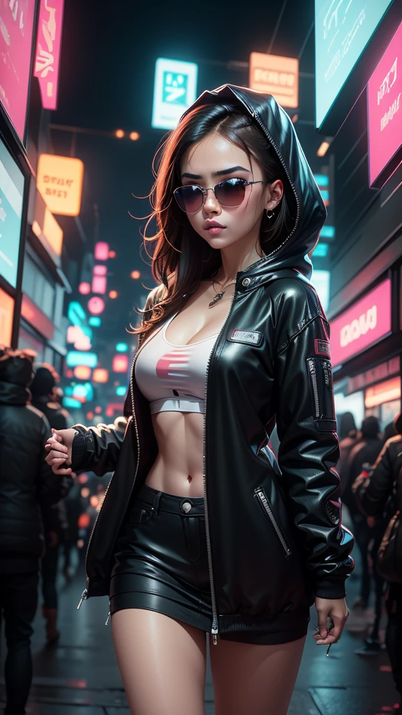 ((Best Quality)), ((Masterpiece)), (Very detailed: 1.3), 3D, NeonNoir, a close up of a beautiful cyberpunk loli    (((selena Gomez:Emma Watson:0.7))) (( 27 yrs old))  (holding teddy bear: 1), (wearing sunglasses: 1.2), (diamond-shaped pupils: 1.2), heart-shaped, wearing a long hooded cape, (wearing a hood: 1.2), purple neon on the monitor, colorful neon signs on the wall, street lights, (white emitting: 1.1), contemptuous eyes, Standing on the street, Sony Master lens,