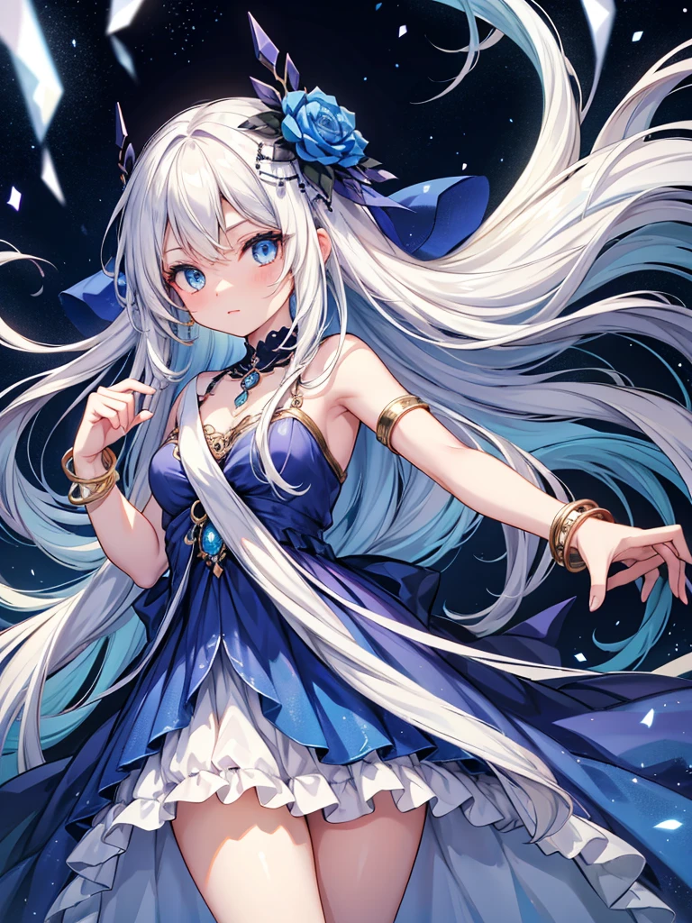 Uma garota de anime com longos cabelos brancos e olhos azuis escuros está usando um vestido que flui junto com seus movimentos, uma pulseira e uma pulseira no pulso, um véu na cabeça, e uma decoração brilhante.