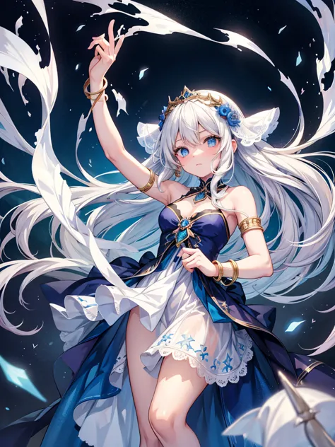 An anime girl with long white hair and dark blue eyes is wearing a dress that flows along with her movements, a bangle and a bra...
