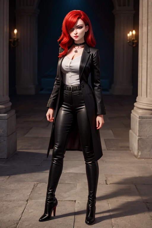 1 garota,38 anos de idade , red hair , black bell-bottom pants, white blouse, black jacket, black high-heeled boots, gothic makeup, recorte decote, Obra de arte, realista, high resolution, alta qualidade, mais alta qualidade, melhor qualidade, ultra detalhado, extremamente detalhado