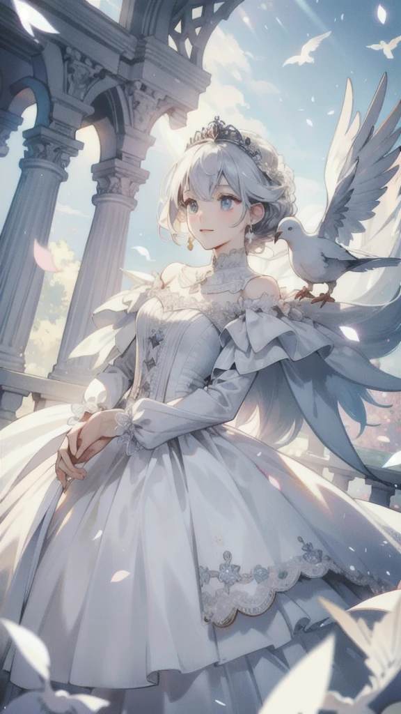 ((best quality)), ((masterpiece))  WEDDING PRINCESS DRESS, light ray, lens flare, white petals, doves