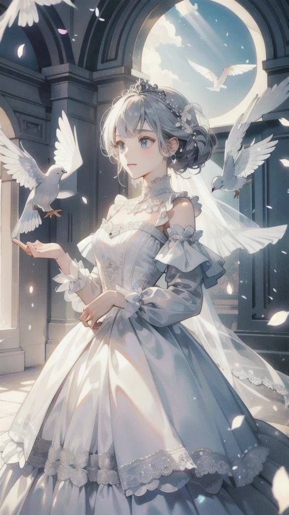 ((best quality)), ((masterpiece))  WEDDING PRINCESS DRESS, light ray, lens flare, white petals, doves
