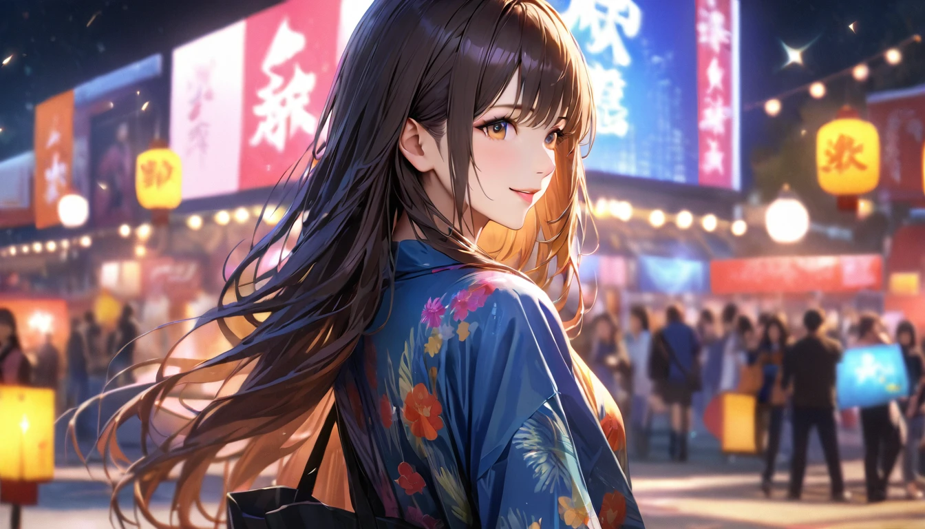 Summer festival,night, yukata, Have a drawstring bag,Blur the background,High school girls,Long Hair,smile,Glitter effect,highest quality, 4K, 8k, High resolution, masterpiece:1.2, Very detailed, Realistic:1.37, High resolution, 超High resolution, Ultra-fine painting, Sharp focus, Physically Based Rendering, Very detailedな説明, Professional, Vibrant colors