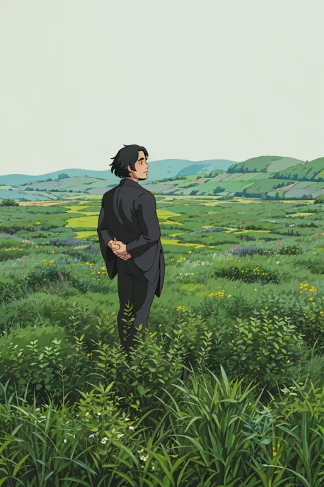 a man in black clothes poses for a photo while standing in the green grass, beautiful latin face, ghibli style, ((masterpiece)),...