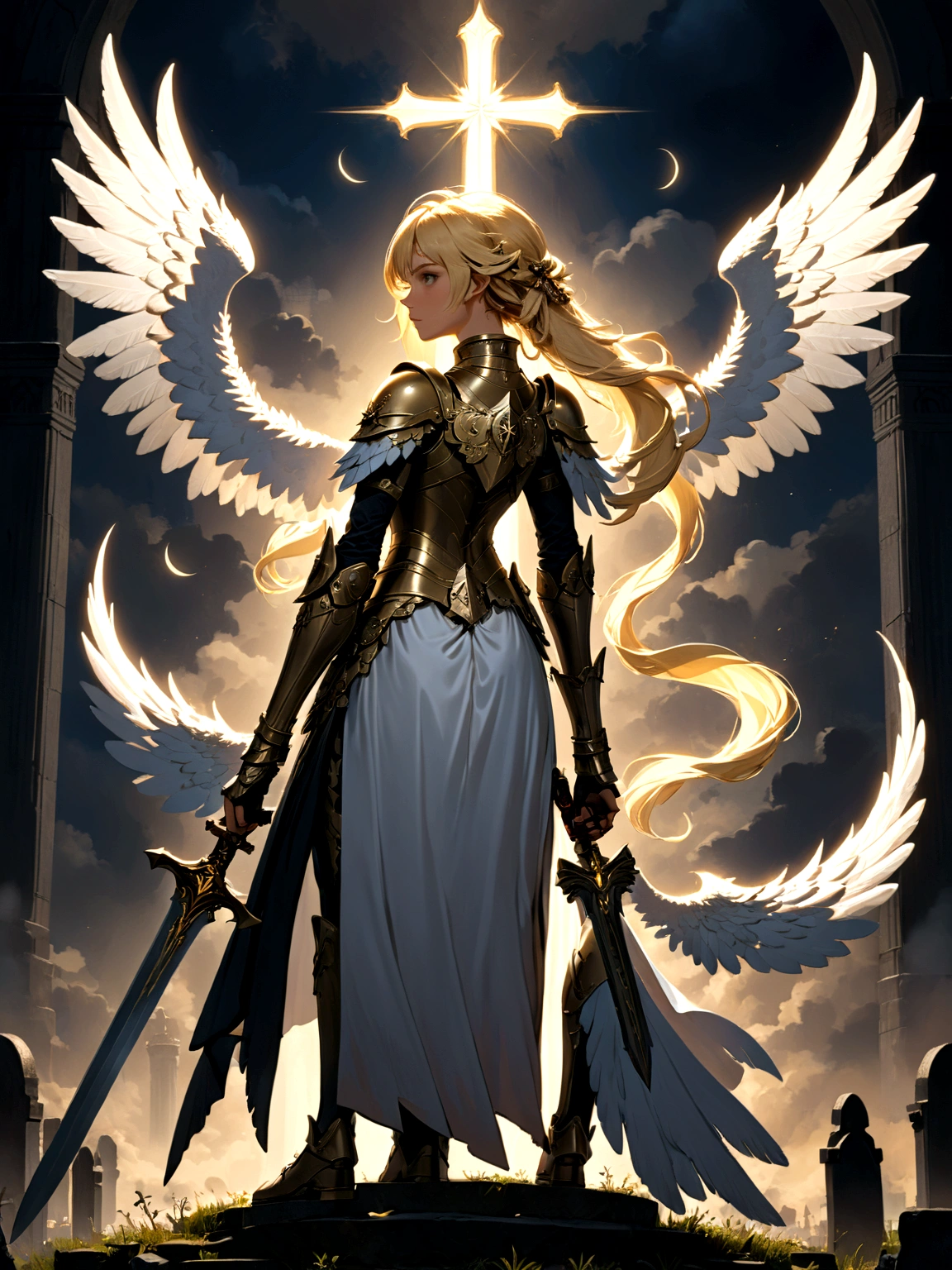 a model shot (taken from the back: 1.5), 16K, ultra detailed, masterpiece, best quality, (extremely detailed), arafed, dnd art, portrait, full body, aasimar, female, (Masterpiece 1.3, intense details), female, paladin, holy warrior, spread large feathered wings, (wings growing from the back: 1.3), majestic wings, white angelic wings spread (Masterpiece, intense details: 1.5), moon light, moon, stars, clouds, holy symbol, armed with sword, short blond hair, dark fantasy cemetery background, anatomically correct (Masterpiece 1.3, intense details), angel_wings, determined face, god rays, cinematic lighting, glowing light, silhouette, from outside, photorealism, panoramic view (Masterpiece 1.3, intense details) , Wide-Angle, Ultra-Wide Angle, 16k, highres, best quality, high details, armored dress, AngelStyle,
