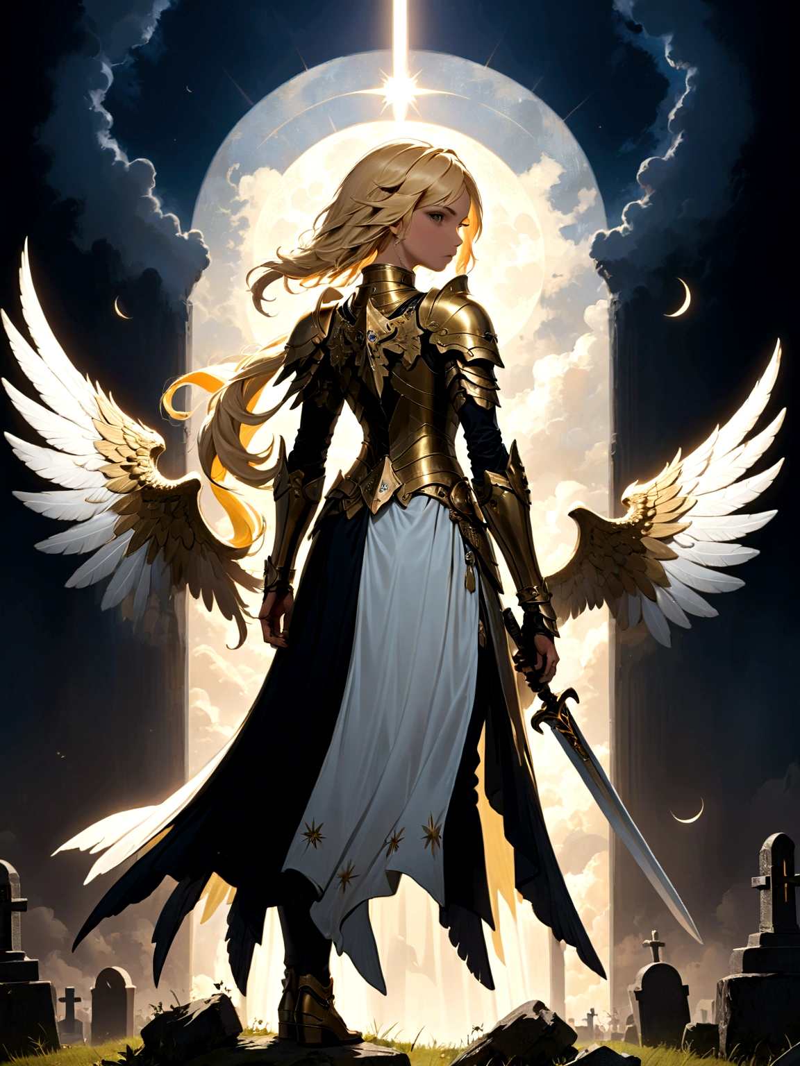 a model shot (taken from the back: 1.5), 16K, ultra detailed, masterpiece, best quality, (extremely detailed), arafed, dnd art, portrait, full body, aasimar, female, (Masterpiece 1.3, intense details), female, paladin, holy warrior, spread large feathered wings, (wings growing from the back: 1.3), majestic wings, white angelic wings spread (Masterpiece, intense details: 1.5), moon light, moon, stars, clouds, holy symbol, armed with sword, short blond hair, dark fantasy cemetery background, anatomically correct (Masterpiece 1.3, intense details), angel_wings, determined face, god rays, cinematic lighting, glowing light, silhouette, from outside, photorealism, panoramic view (Masterpiece 1.3, intense details) , Wide-Angle, Ultra-Wide Angle, 16k, highres, best quality, high details, armored dress, AngelStyle,
