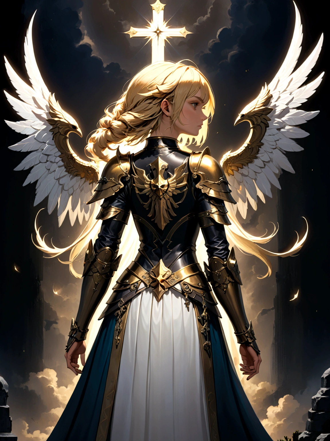 a model shot (taken from the back: 1.5), 16K, ultra detailed, masterpiece, best quality, (extremely detailed), arafed, dnd art, portrait, full body, aasimar, female, (Masterpiece 1.3, intense details), female, paladin, holy warrior, spread large feathered wings, (wings growing from the back: 1.3), majestic wings, white angelic wings spread (Masterpiece, intense details: 1.5), moon light, moon, stars, clouds, holy symbol, armed with sword, short blond hair, dark fantasy cemetery background, anatomically correct (Masterpiece 1.3, intense details), angel_wings, determined face, god rays, cinematic lighting, glowing light, silhouette, from outside, photorealism, panoramic view (Masterpiece 1.3, intense details) , Wide-Angle, Ultra-Wide Angle, 16k, highres, best quality, high details, armored dress, AngelStyle,
