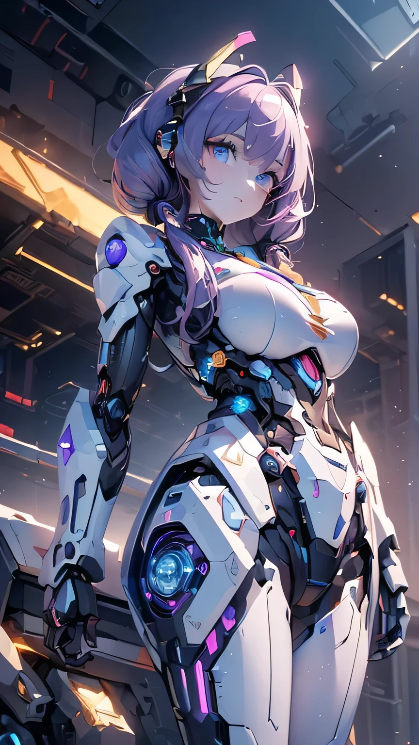 (((Best quality, 8k, Masterpiece: 1.3)), ((best quality)), ((masterpiece)), (detailed), perfect face, Female android, artificial intelligence, robot, metal frame, cyberspace, science fiction, laser gun, mechanical body, purple hair, sidelocks, low twintails, from below, helmet with decorations, cowboy shot,