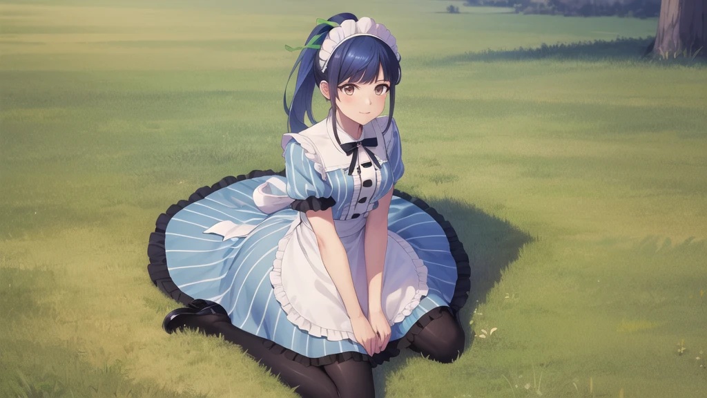 masterpiece, best quality, highres, 1girl, solo, long hair, blue hair, ponytail, hair ribbon, maid headdress, brown eyes, neck ribbon, frills, vertical stripes, blue dress, short sleeves, apron, black pantyhose, wariza, grass, field,