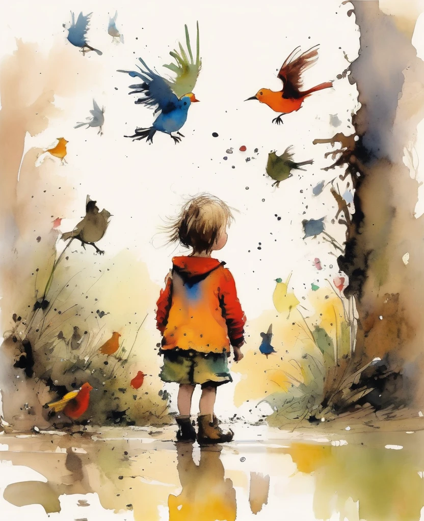 Foto estilo Quentin Blake 、Niños y pájaros、Retrato、Alta resolución、fangoso、de la máxima calidad、obra maestra、Muy detallado