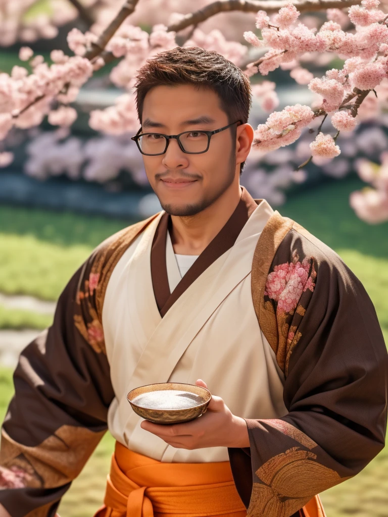 An award-winning original photo，a handsome 38-year-old man, crew cut, (((full body))), (((landscape))), mature man, [slightly fat], asian man, brown eyes, rounded face, glasses, slightly balding, 1boy, Solo, (big shoulders), (((stubbles, Short beard))), (((full beard))), (Beautiful eyes:1.3), (Detailed face:1.3), wearing glasses, Dynamic Angle, volumetric lighting, (Best quality, A high resolution, Photorealistic), Cinematic lighting, Masterpiece, RAW photo, Intricate details, (extremely detailed 8k wallpaper), masterpiece 16k photo, traditional kimono for man, sakura petals flow with the wind, drinking japanese sake wine under sakura tree,