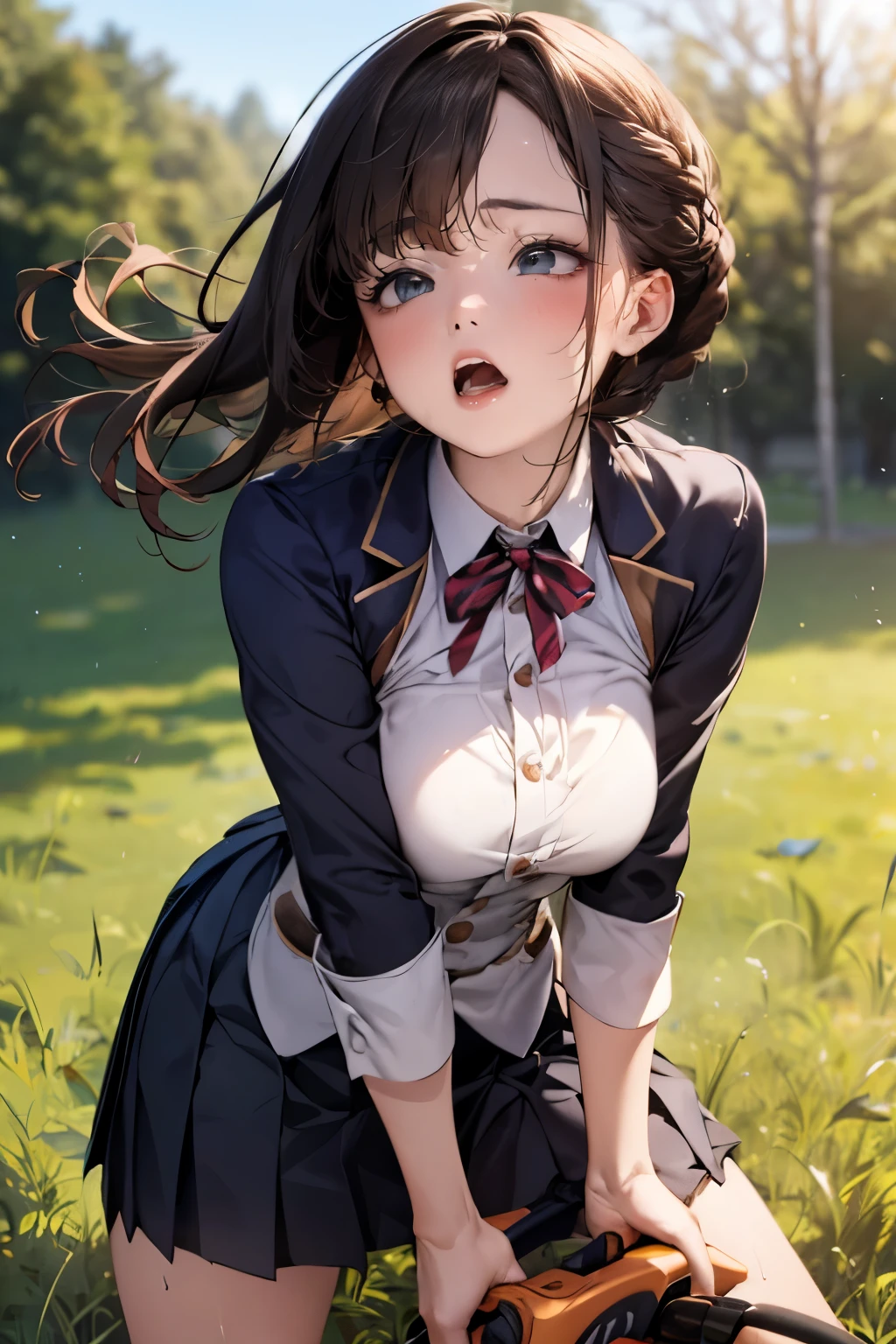 (round face), eyes with realistic sizing, drooping eyes, blush, sweat, shame, pleated skirt, ribbon, (ecstasy face, lewd girl, obsessed with playing her own genitals), (standing and straddling to hit her crotch against a vibrating grass trimmer, masturbating with complete concentration), braid,