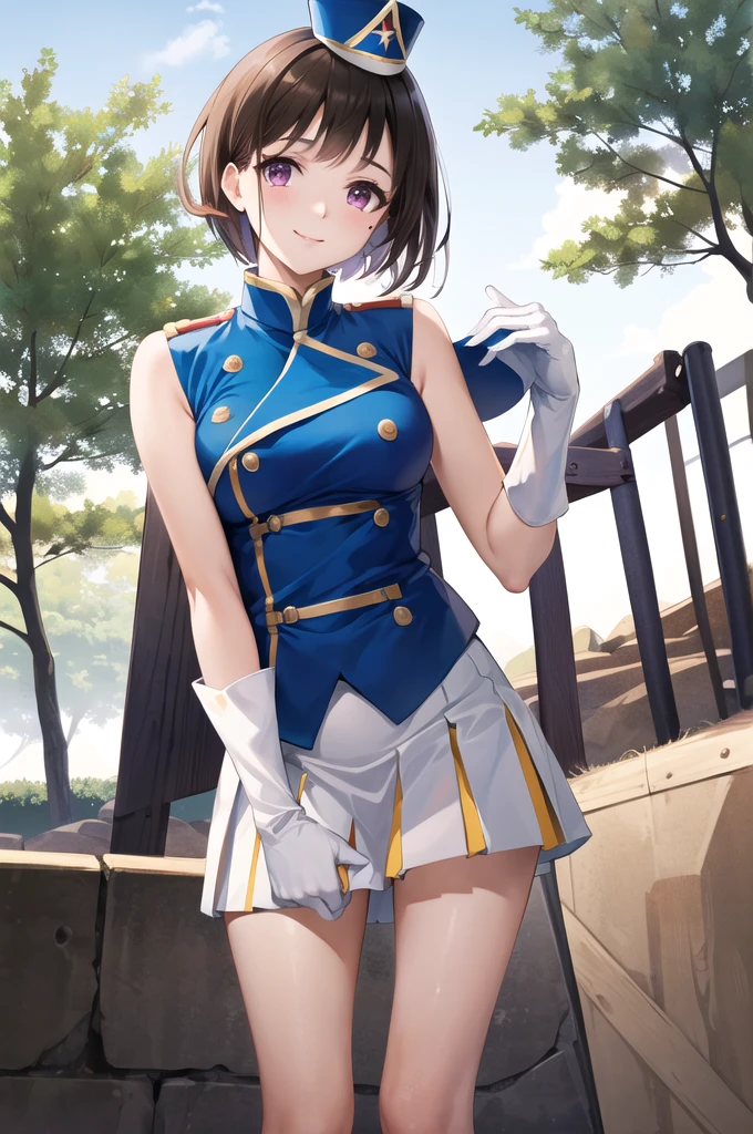 masterpiece, best quality, highres, hetero, brown hair, short hair, purple eyes, mole under eye, hat, band uniform, sleeveless, white gloves, pleated skirt, knee boots, cowboy shot, standing, smile, outdoors