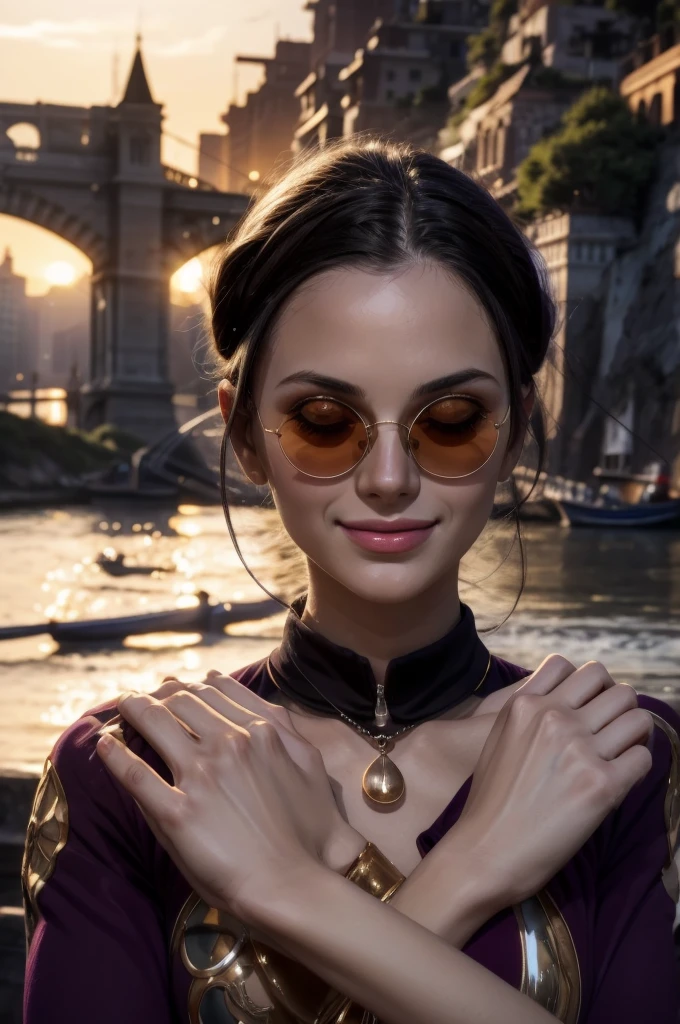 masterpiece, best quality, extremely detailed, hyperrealistic:1.1, photorealistic, a beautiful 20s russian model, ultra detailed face:1.1, sunglasses on head:1.1, purple mock neck t-shirt:1.1, black hair, x-arms:1.3, eye closed:1.3, city, river, in the sunset, warm smile
