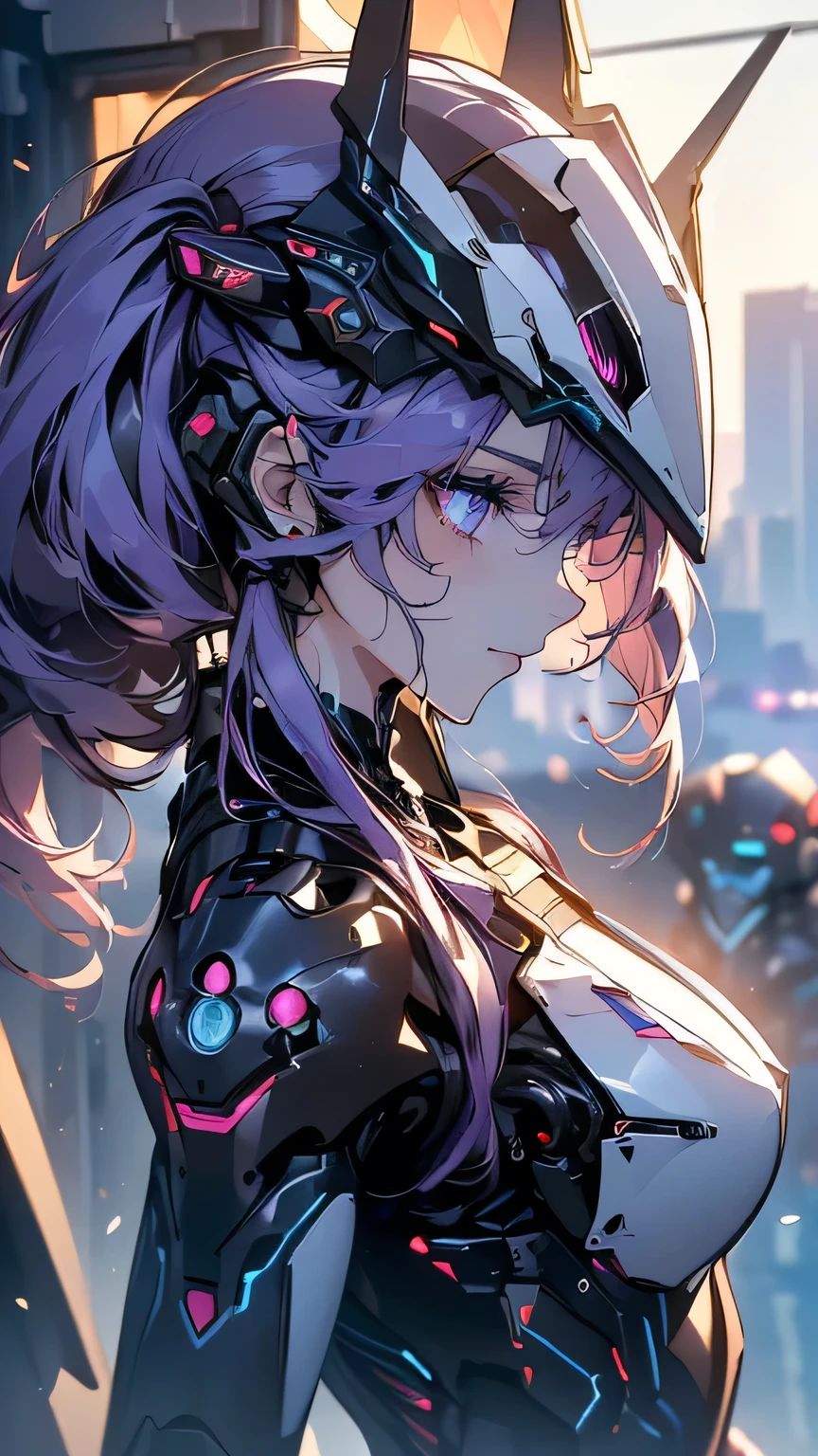 (((Best quality, 8k, Masterpiece: 1.3)), ((best quality)), ((masterpiece)), (detailed), perfect face, Female android, artificial intelligence, robot, metal frame, cyberspace, science fiction, laser gun, mechanical body, purple hair, sidelocks, low twintails, from side, helmet with decorations, cowboy shot,