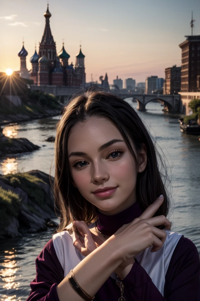 masterpiece, best quality, extremely detailed, hyperrealistic:1.1, photorealistic, a beautiful 20s russian model, ultra detailed face:1.1, sunglasses on head:1.1, purple mock neck t-shirt:1.1, black hair, x-arms:1.3, eye closed:1.3, city, river, in the sunset, warm smile
