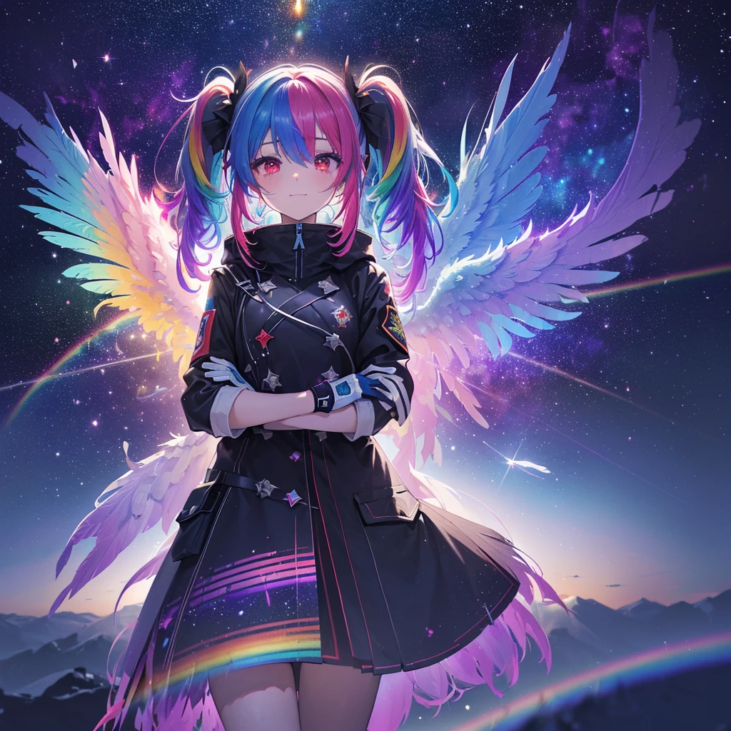 ((arcángel　fantasía　pelo arcoiris　Haz que tu cabello tenga el color del arcoíris por dentro　colas gemelas　ojos rojos apagados　tiene una galaxia　uniform　Ponte un abrigo sin atravesarlo con los brazos.　Alas muchas veces más grandes que las mías.　plumas de gradiente de arco iris　solitario　sonriendo amablemente))　((lágrimas　guantes))　(vidrio roto　Espacio-tiempo distorsionado　estrella)　atrapar el viento　vía Láctea　Fondo brillante　partículas de luz, bordes de colores del arco iris