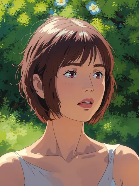 a short-haired woman poses for a photo, beautiful latin face, ghibli style, ((masterpiece)),((best quality)),(detailed),illustra...