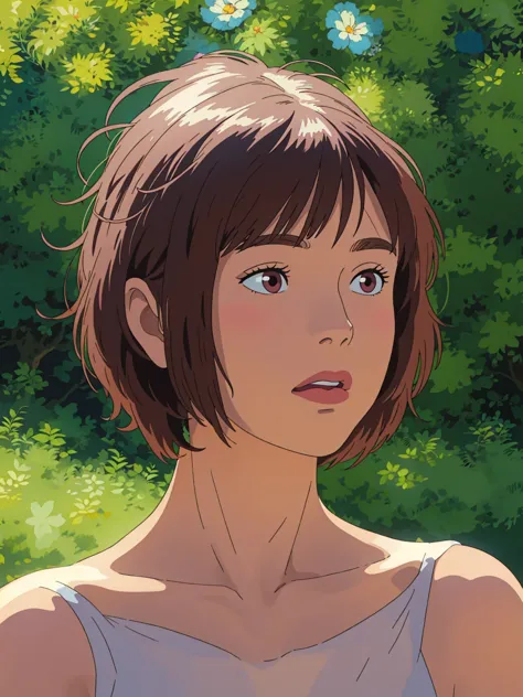 a short-haired woman poses for a photo, beautiful latin face, ghibli style, ((masterpiece)),((best quality)),(detailed),illustra...