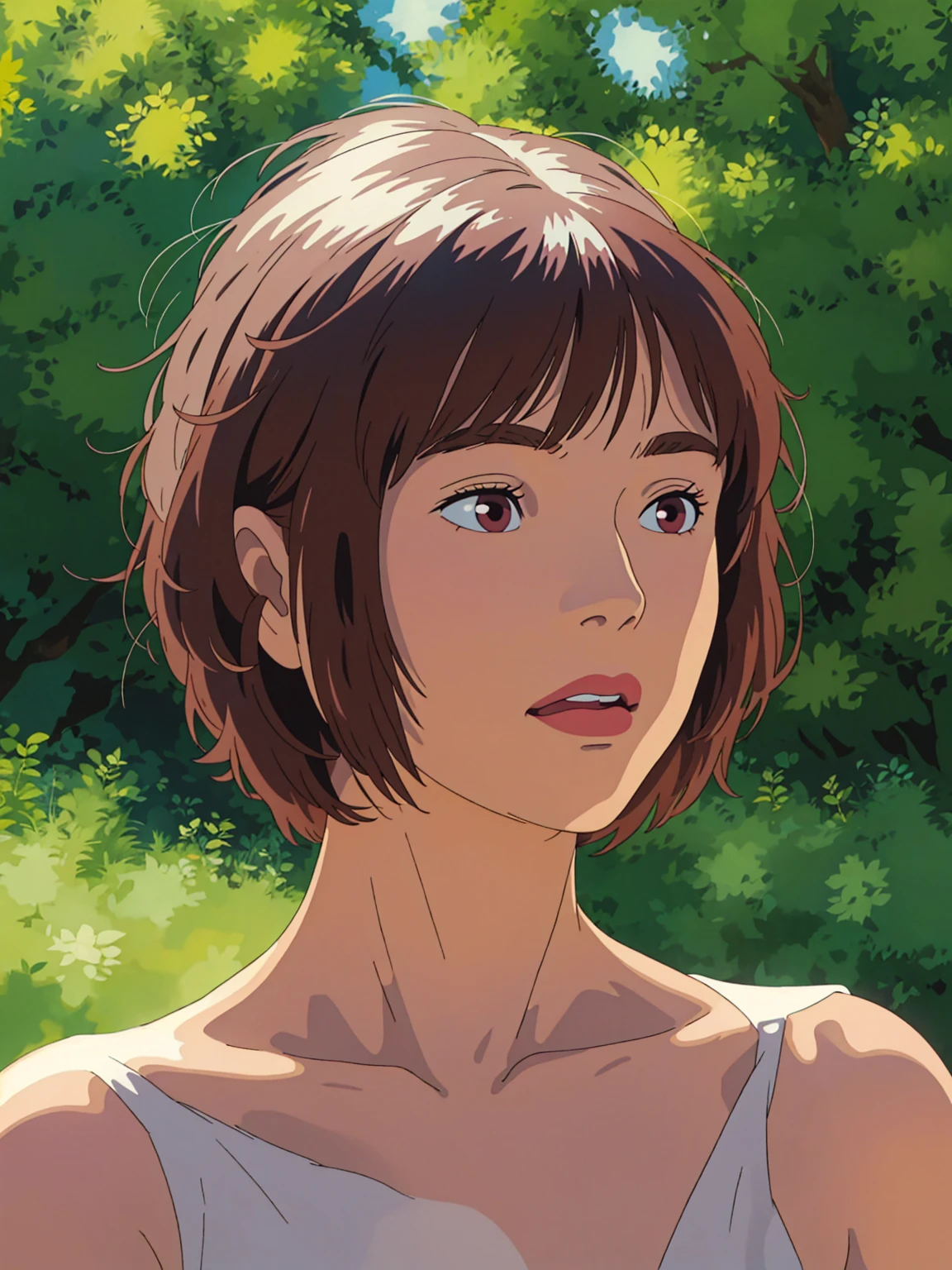 A short-haired woman poses for a photo, Beautiful Latin face, Ghibli style, ((masterpiece)),((best quality)),(detailed),illustration,8K,rich and colorful, High contrast