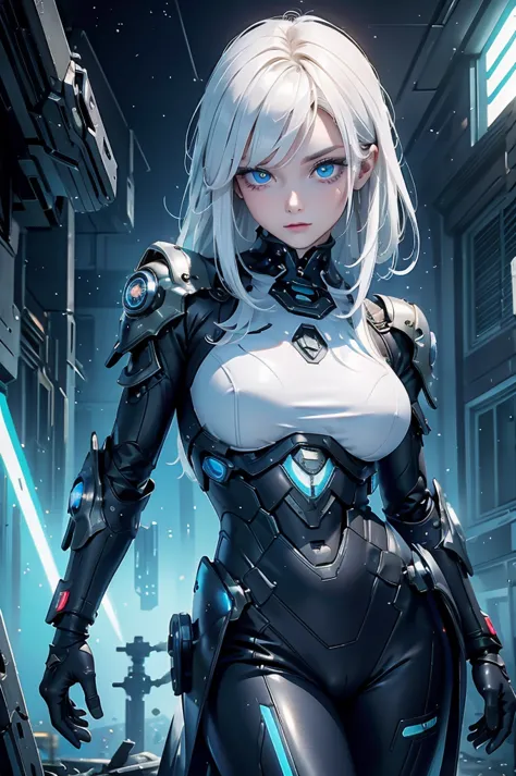 ((Cyberpunk women images))，Dynamic pose、(masterpiece:1.4, highest quality, Dutch Angle)(One girl, alone)（White hair that changes...