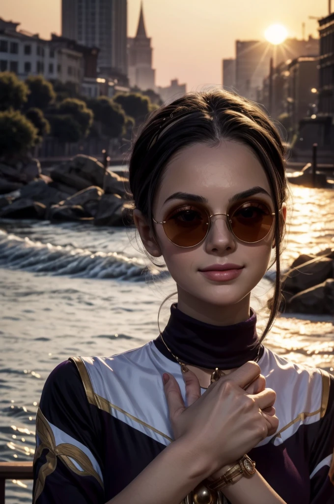 masterpiece, best quality, extremely detailed, hyperrealistic:1.1, photorealistic, a beautiful 20s russian model, ultra detailed face:1.1, sunglasses on head:1.1, purple mock neck t-shirt:1.1, black hair, x-arms:1.3, eye closed:1.3, city, river, in the sunset, warm smile, dynamic angle
