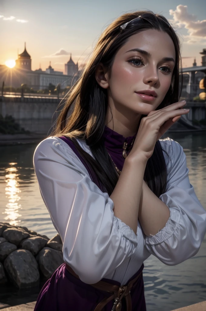 masterpiece, best quality, extremely detailed, hyperrealistic:1.1, photorealistic, a beautiful 20s russian model, ultra detailed face:1.1, sunglasses on head:1.1, purple mock neck t-shirt:1.1, black hair, x-arms:1.3, eye closed:1.3, city, river, in the sunset, warm smile, dynamic angle
