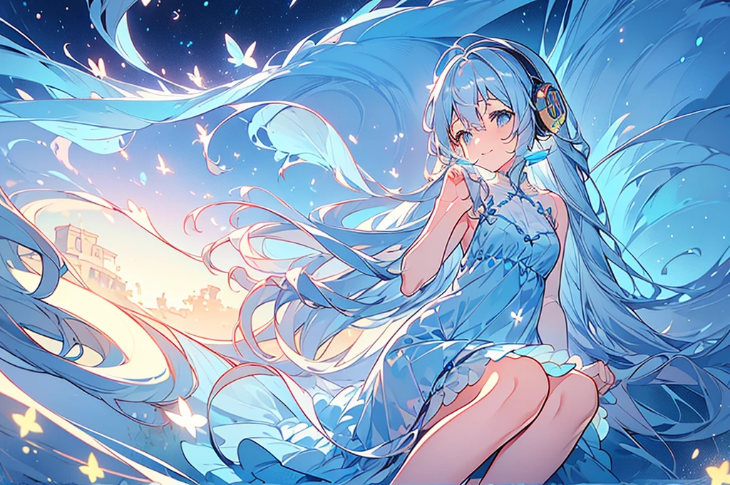 masterpiece, best quality, extremely detailed, (illustration, official art:1.1), 1 girl ,(((( light blue long hair)))), ,(((( light blue long hair)))),light blue hair, ,10 years old, long hair ((blush)) , cute face, big eyes, masterpiece, best quality,(((((a very delicate and beautiful girl))))),Amazing,beautiful detailed eyes,blunt bangs((((little delicate girl)))),tareme(true beautiful:1.2), sense of depth,dynamic angle,,,, affectionate smile, (true beautiful:1.2),(flat chest)), Tsundere　Female Main　Background is blurred　Draw only the upper body　Woman with blue hair　Style artwork of a  Gweiz wearing headphones、beautiful anime、 Alone　Gwythe、beautiful anime girl、beautiful anime girl、Anime girl with teal hair、anime style。8K、Bowater's Art Style、beautiful digital illustrations、beautiful character painting、Stunning Anime Face Portrait Mikudayo, official artwork, lofi girl, lofi artstyle,, halfbeak, anime atmosphere, Anime style mixed with Fujifilm, digital anime illustration, anime wallpaper 4k　Girl wearing headphones, starry sky　night view　girl looking at the starry sky　Crescent Moon
