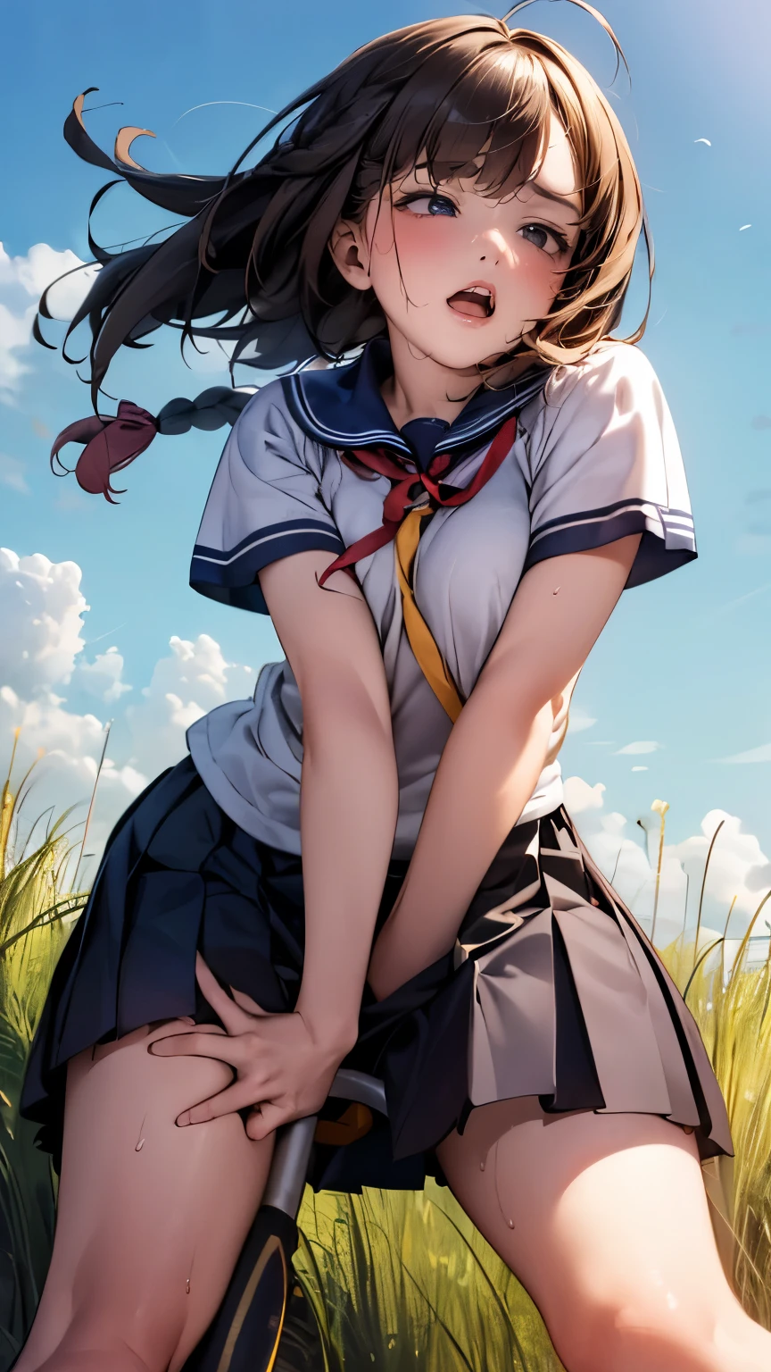 (round face), eyes with realistic sizing, drooping eyes, blush, sweat, shame, pleated skirt, ribbon, (ecstasy face, lewd girl), (standing and straddling to hit her crotch against a vibrating grass trimmer, masturbating with complete concentration), braid, sneakers, angle from below,