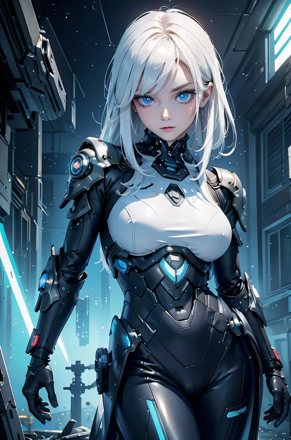 ((Cyberpunk women images))，Dynamic pose、(masterpiece:1.4, highest quality, Dutch Angle)(One girl, alone)（White hair that changes with the light、Smooth and straight hair、WHITE hair fluttering in the wind）、（beautiful, Glowing Skin、Cheek gloss highlighter、Sexy and very beautiful and adorable face、The most beautiful face in the world、big, Sparkling blue eyes）、（Cute 25 year old girl、Ample breasts、Narrow waist、Delicate shoulders、Perfect figure）（Overall dark、Abandoned futuristic city、End of the Century World、Traces of war、Caves、ruins）(Futuristic combat suit、Battle Armor、Highly decorated battle suit)