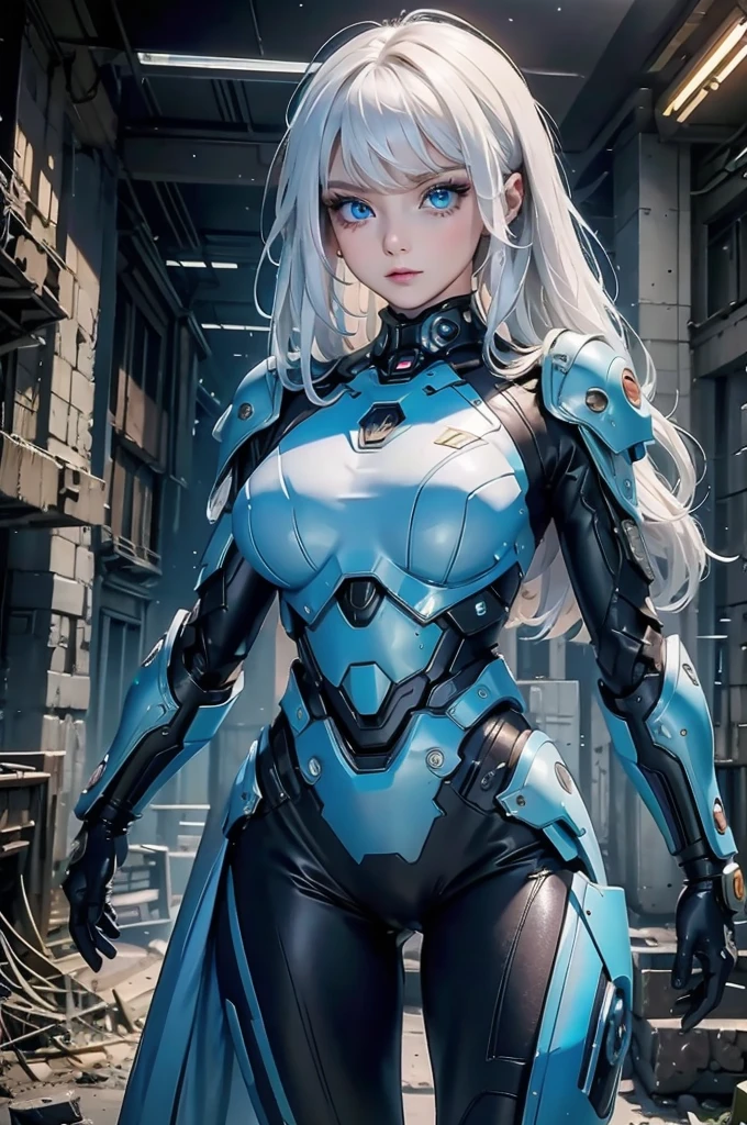 ((Cyberpunk women images))，Dynamic pose、(masterpiece:1.4, highest quality, Dutch Angle)(One girl, alone)（White hair that changes with the light、Smooth and straight hair、WHITE hair fluttering in the wind）、（beautiful, Glowing Skin、Cheek gloss highlighter、Sexy and very beautiful and adorable face、The most beautiful face in the world、big, Sparkling blue eyes）、（Cute 25 year old girl、Ample breasts、Narrow waist、Delicate shoulders、Perfect figure）（Overall dark、Abandoned futuristic city、End of the Century World、Traces of war、Caves、ruins）(Futuristic combat suit、Battle Armor、Highly decorated battle suit)