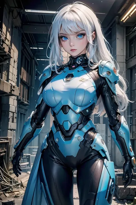 ((Cyberpunk women images))，Dynamic pose、(masterpiece:1.4, highest quality, Dutch Angle)(One girl, alone)（White hair that changes...