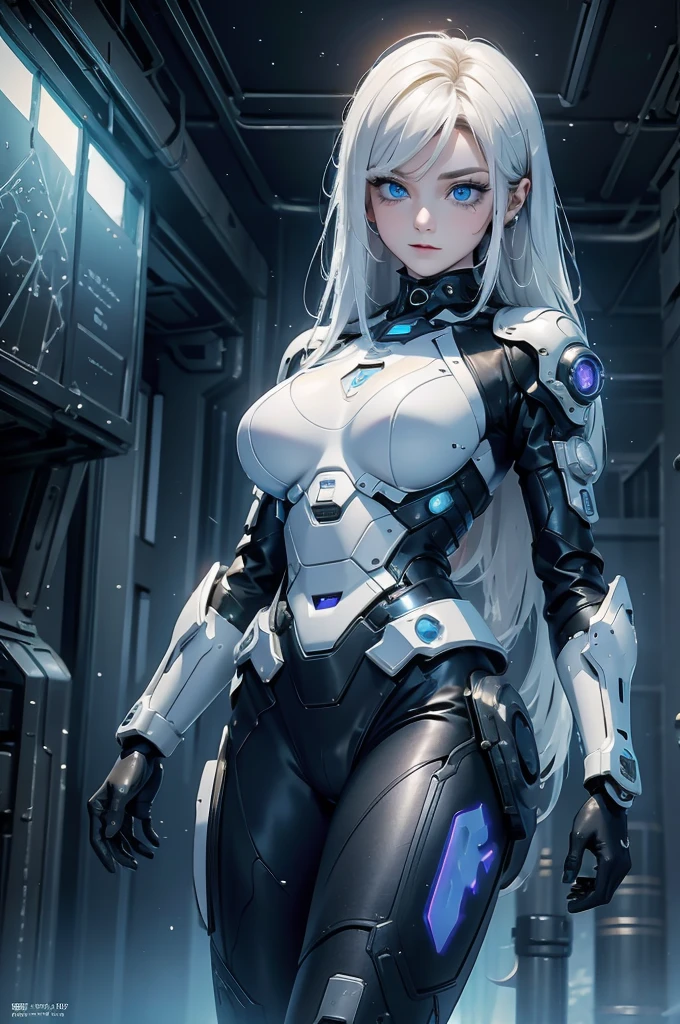 ((Cyberpunk women images))，Dynamic pose、(masterpiece:1.4, highest quality, Dutch Angle)(One girl, alone)（White hair that changes with the light、Smooth and straight hair、WHITE hair fluttering in the wind）、（beautiful, Glowing Skin、Cheek gloss highlighter、Sexy and very beautiful and adorable face、The most beautiful face in the world、big, Sparkling blue eyes）、（Cute 25 year old girl、Ample breasts、Narrow waist、Delicate shoulders、Perfect figure）（Overall dark、Abandoned futuristic city、End of the Century World、Traces of war、Caves、ruins）(Futuristic combat suit、Battle Armor、Highly decorated battle suit)