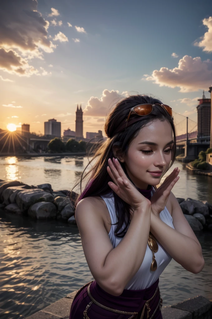 masterpiece, best quality, extremely detailed, hyperrealistic:1.1, photorealistic, a beautiful 20s russian model, ultra detailed face:1.1, sunglasses on head:1.1, light purple mock neck t-shirt, purple shorts, black hair, x-arms:1.3, eye closed:1.3, city, river, in the sunset, warm smile, dynamic angle
