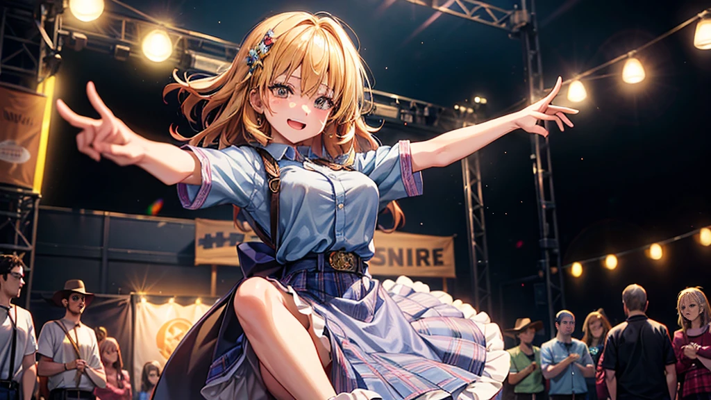 An anime-style illustration featuring a female character dancing to Bluegrass music. The character has long, flowing hair and is wearing a traditional bluegrass outfit with a plaid shirt, denim skirt, and cowboy boots. She is energetically dancing with a joyful expression. The background is a lively outdoor scene with a wooden stage, colorful banners, and a cheering crowd, capturing the energetic spirit of a bluegrass festival. The scene is vibrant and colorful, with detailed shading and gradients to add depth, and the character's eyes and facial expressions are emphasized to convey emotion.