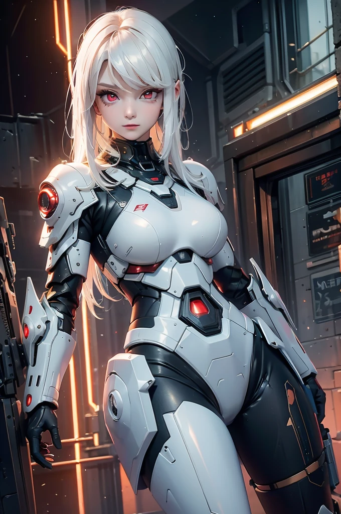 ((Cyberpunk women images))，Dynamic pose、(masterpiece:1.4, highest quality, Dutch Angle)(One girl, alone)（White hair that changes with the light、Smooth and straight hair、WHITE hair fluttering in the wind）、（beautiful, Glowing Skin、Cheek gloss highlighter、Sexy and very beautiful and adorable face、The most beautiful face in the world、big, Glowing red eyes）、（Cute 25 year old girl、Ample breasts、Narrow waist、Delicate shoulders、Perfect figure）（Overall dark、Abandoned futuristic city、End of the Century World、Traces of war、Caves、ruins）(Futuristic combat suit、Battle Armor、Highly decorated battle suit)（Close-up images、Close-up image）